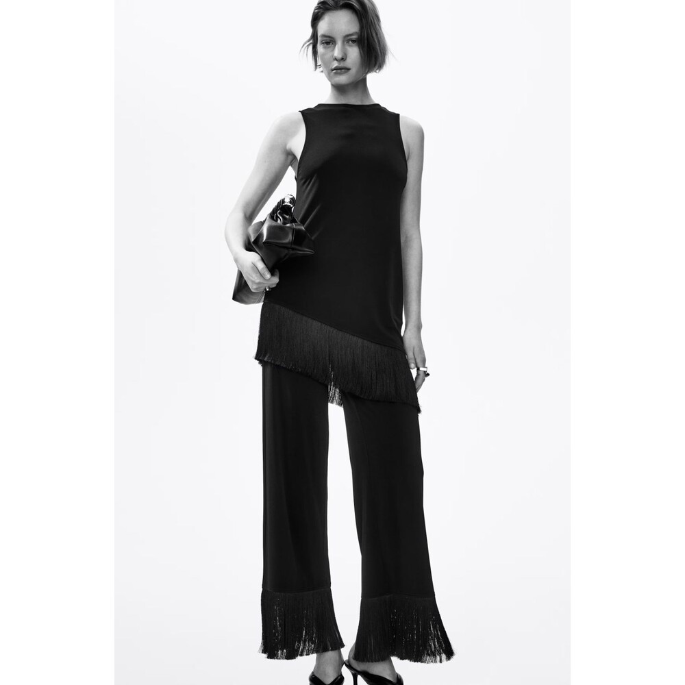H&M NWT Black Asymmetric Fringe Hem Sleeveless Top Mini Dress Small